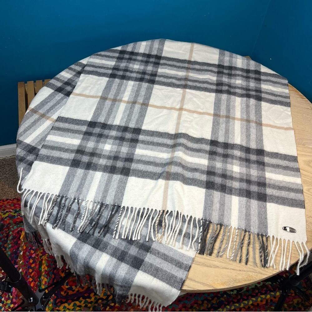 Fraas 100% Cashmere Plaid Scarf Wrap Blanket Ivory Gray Classic Preppy Checked